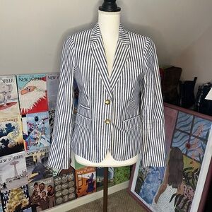 J. Crew Blue and White Striped Schoolboy Blazer with Gold Buttons